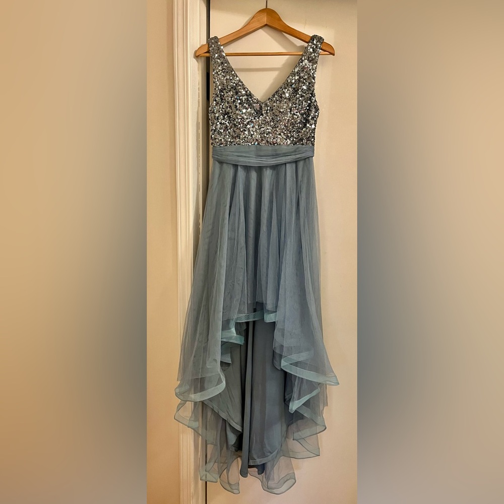 NWT Xuibol party dress sleeveless silver sequin bodice blue tulle high low skirt